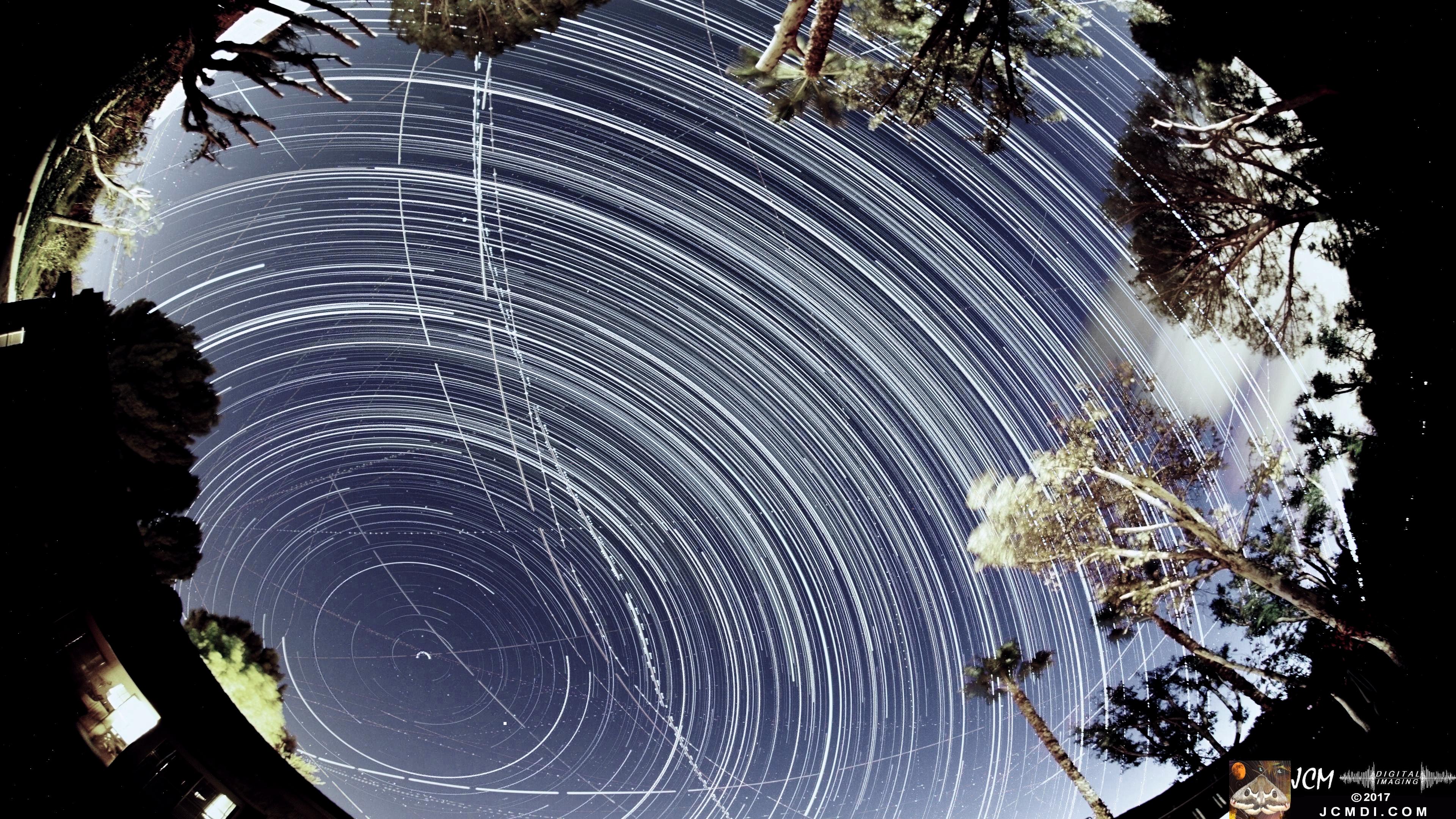 All night star spin composite image made from over 3500 photos. Canon 5D fisheye 12-14-2017